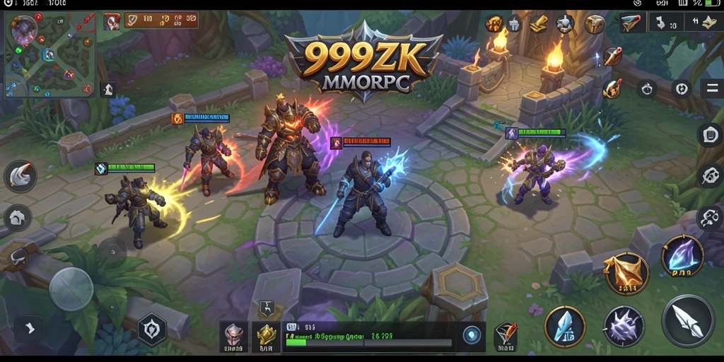 Screenshot gameplay menunjukkan pertempuran epik di dunia MMORPG 999ZK.