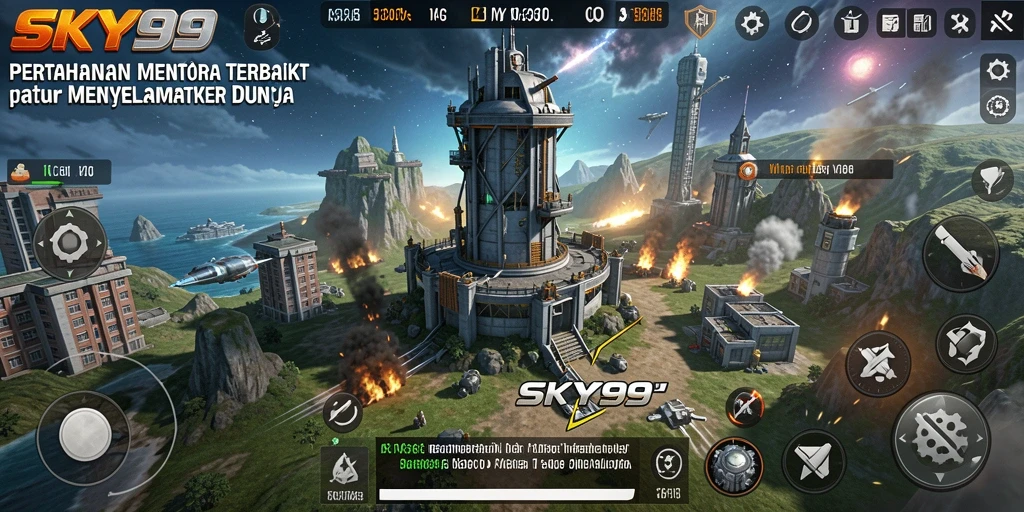 Tampilan gameplay SKY99 menampilkan strategi Tower Defense yang seru.